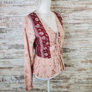 Derek Heart Pink Long Sleeve V-Neck Peasant Top Size Multiple